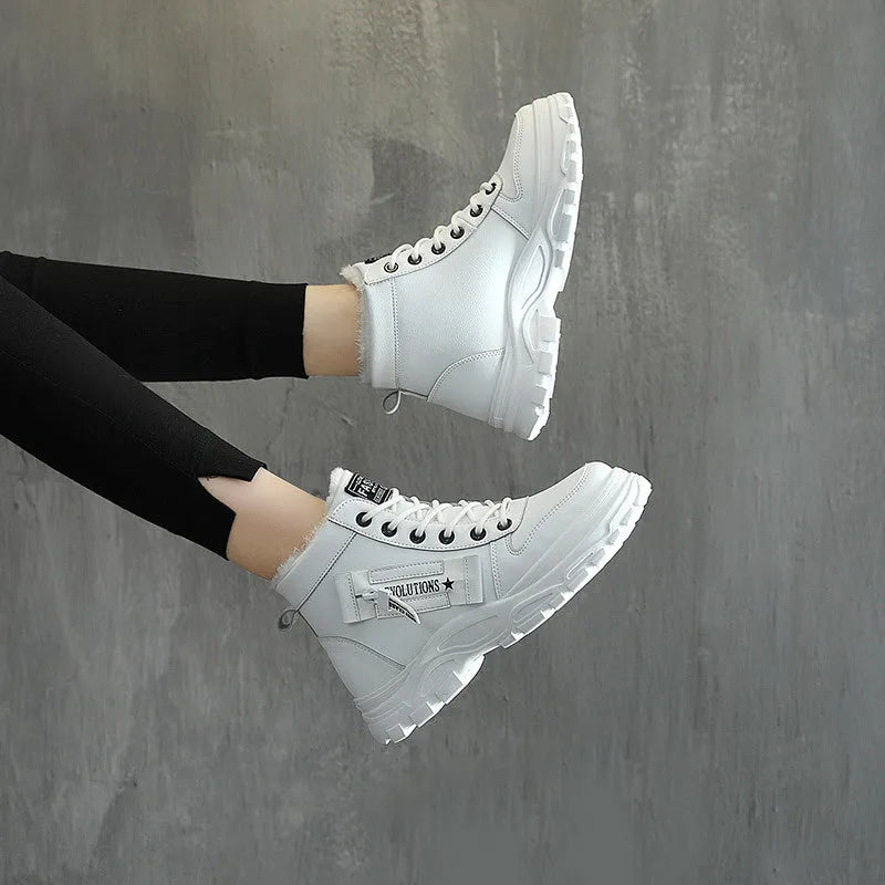 Fleece lace-up boots women winter warm flat heel round toe waterproof platform artificial PU leather stitching