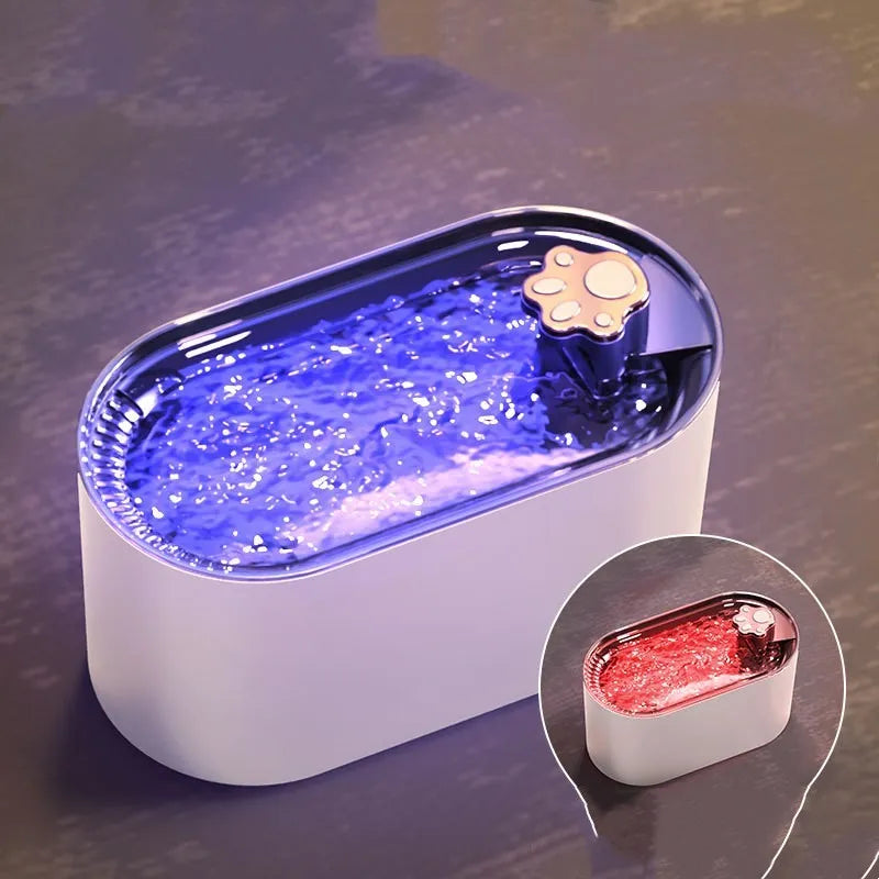 Berlin blue 3L pet water fountain with LED lights and filtration system on wooden floor
