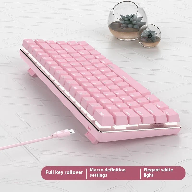 Pink and white mechanical gaming keyboard with 82 keys and white backlight illumination