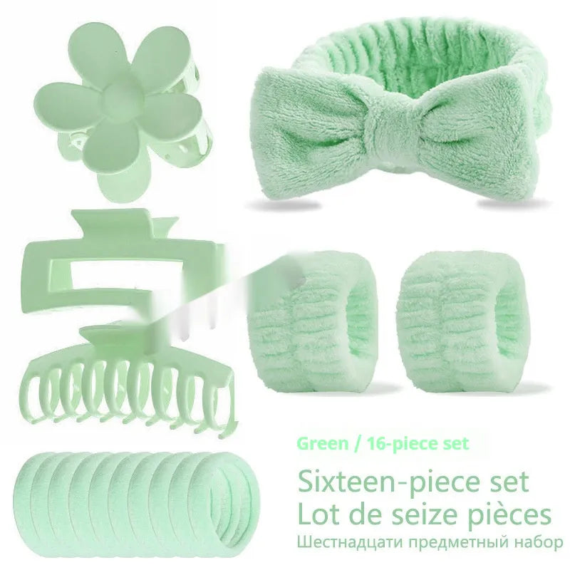 16-piece bow washing face hair band set with wrist strap, plaid pattern, multiple colours