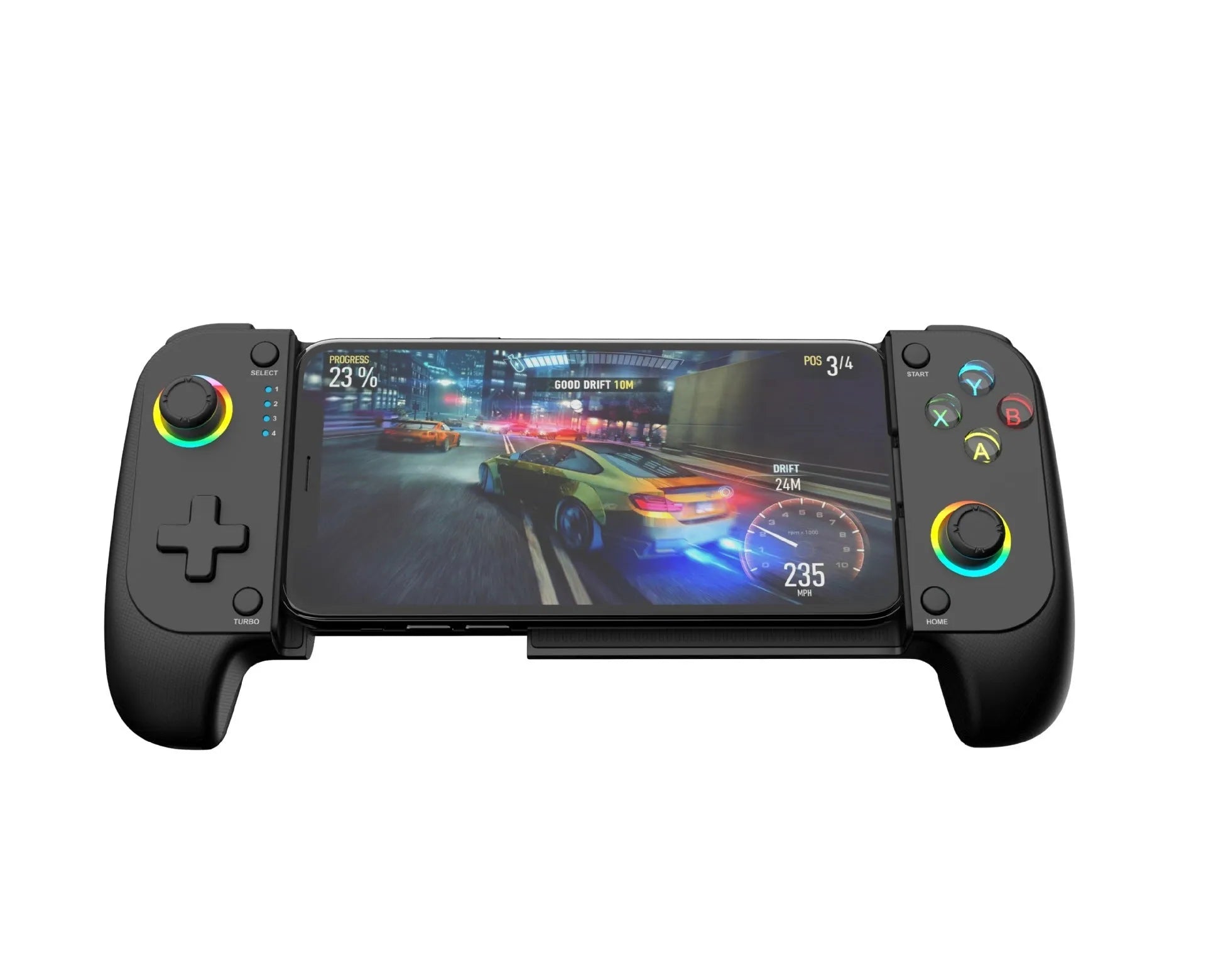 Black Bluetooth wireless game controller for mobile phones shown next to a smartphone