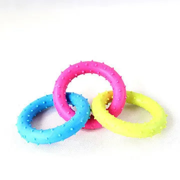 TPR rubber dog chew toy with three connected chain links for molar chewing