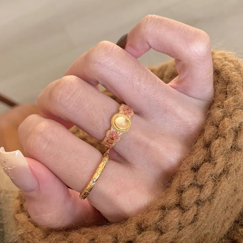 Geometric open gap ring with pink crystal enamel on gold-plated copper for women