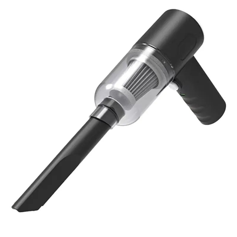 Black handheld wireless car vacuum cleaner with USB charging cable for portable interior cleaning