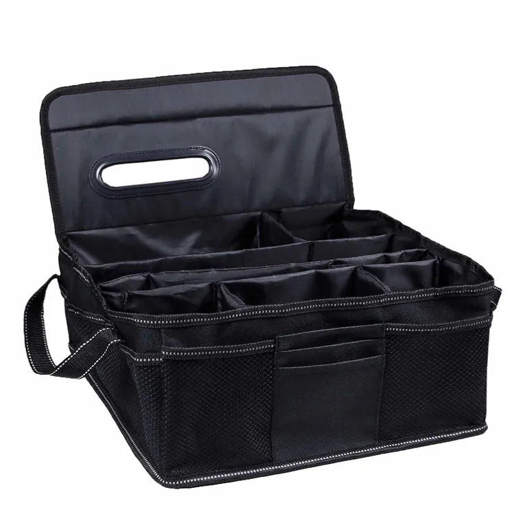 Black collapsible Oxford cloth storage box for car boot organisation, dimensions 33cm x 33cm x 16cm.