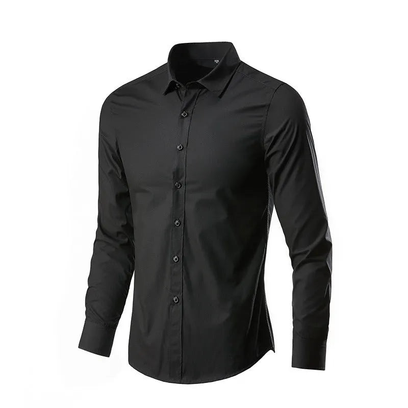 Men's loose fit long-sleeve linen shirt on a hanger, shown in a light colour.