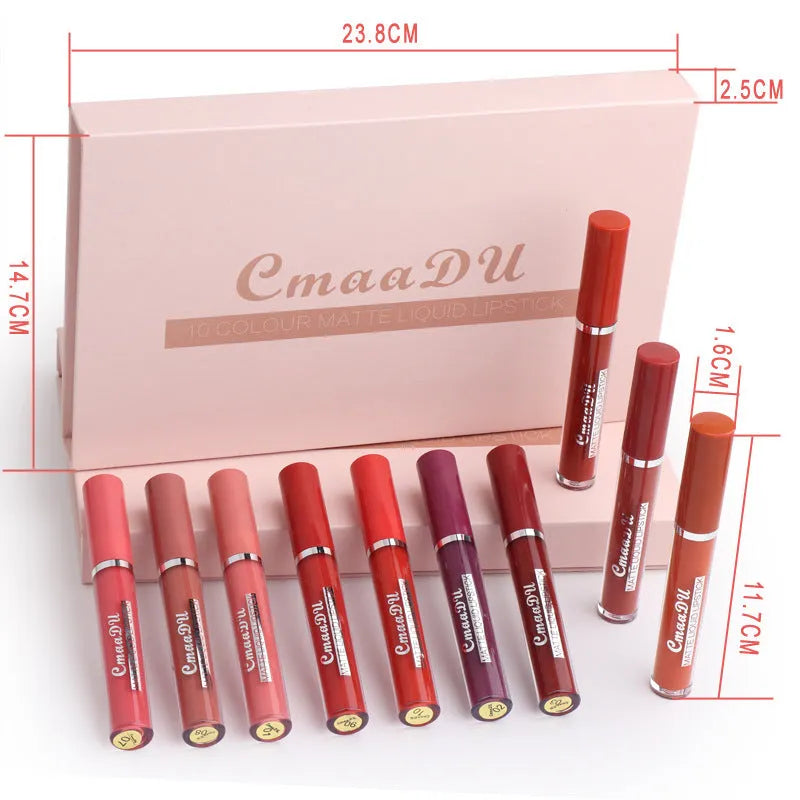 Pack of 10 matte finish lipsticks with non-stick waterproof properties in photo-realistic colours