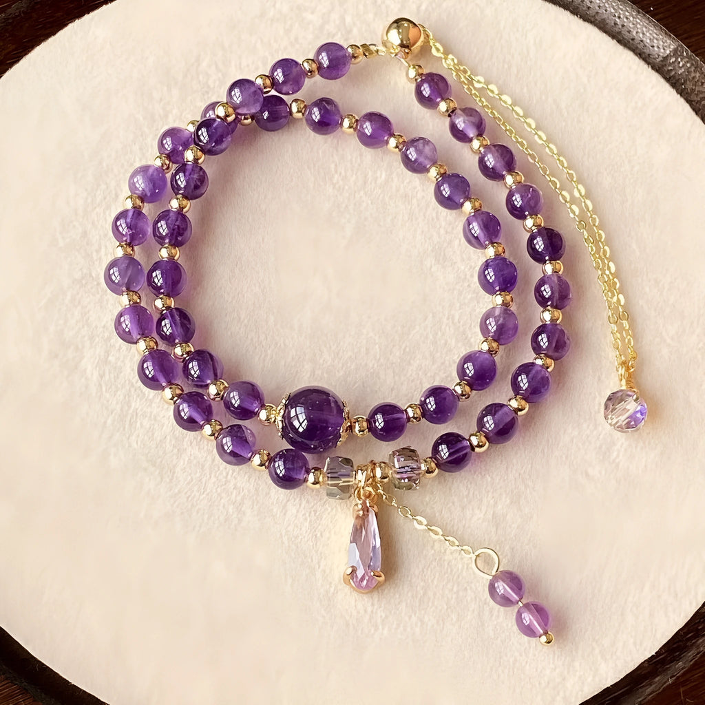 Purple crystal amethyst bead double bracelet with electroplated celestial pattern for women