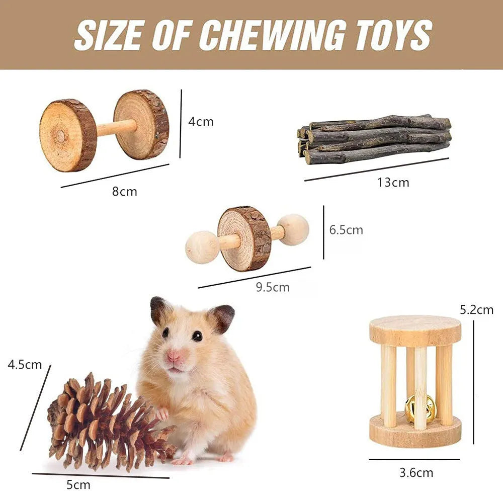 Assortment of wooden chew toys for small pets including straw mats and woven balls.