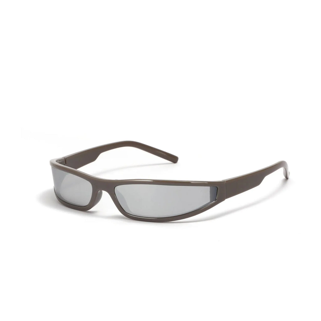Creative narrow frame sunglasses for women in future style with mercury lens colour options.