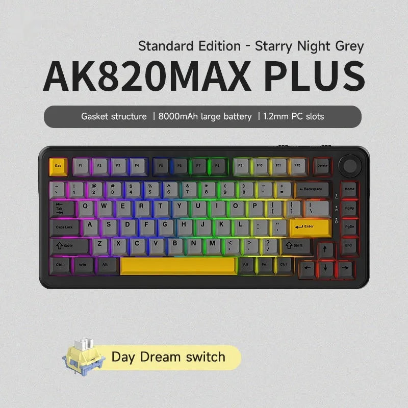 Three-mode wireless mechanical keyboard with hot-swap in black, grey and yellow colour scheme