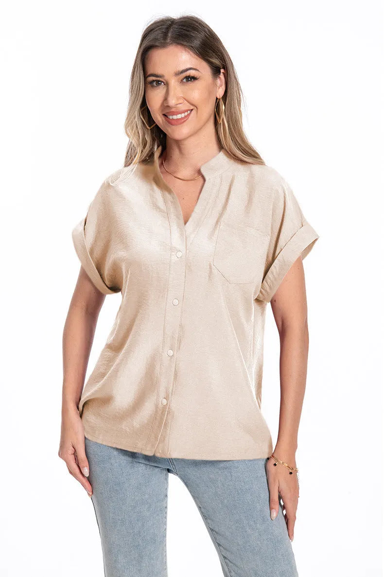 Women's loose fit short sleeve button-down top with stand collar in Army Green
