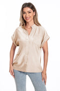 Women's loose fit short sleeve button-down top with stand collar in Army Green