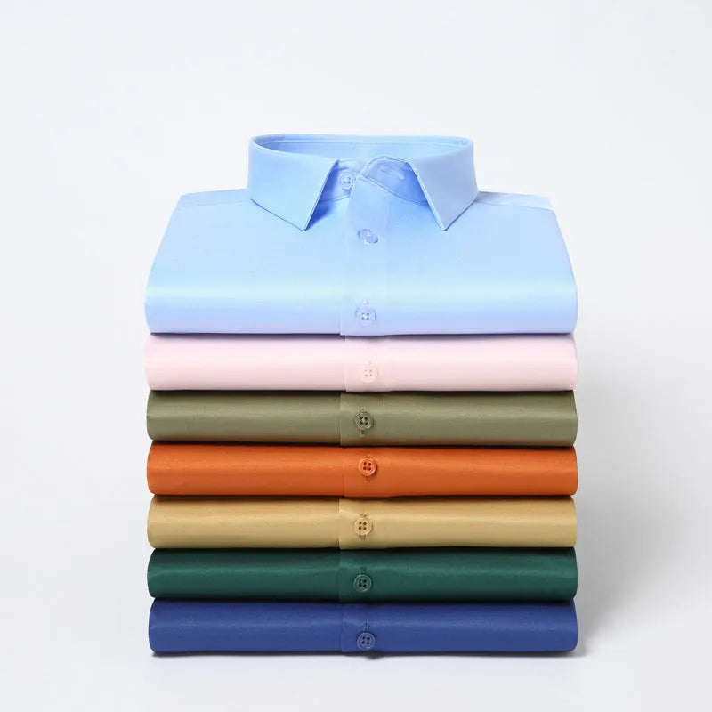 Men's non-ironing long sleeve shirt in solid colour with elastic polyester fabric