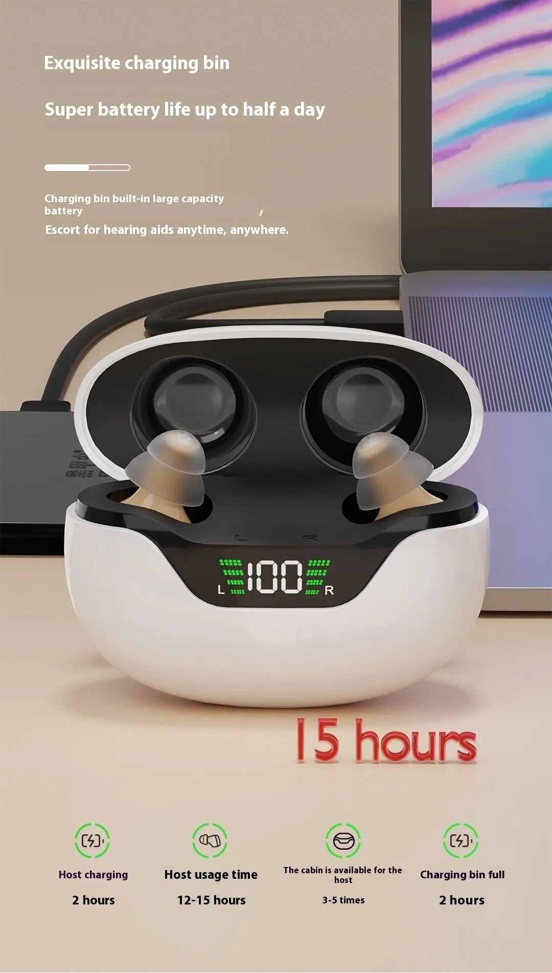 CIC digital hearing aid with charging compartment and digital display in skin colour matching