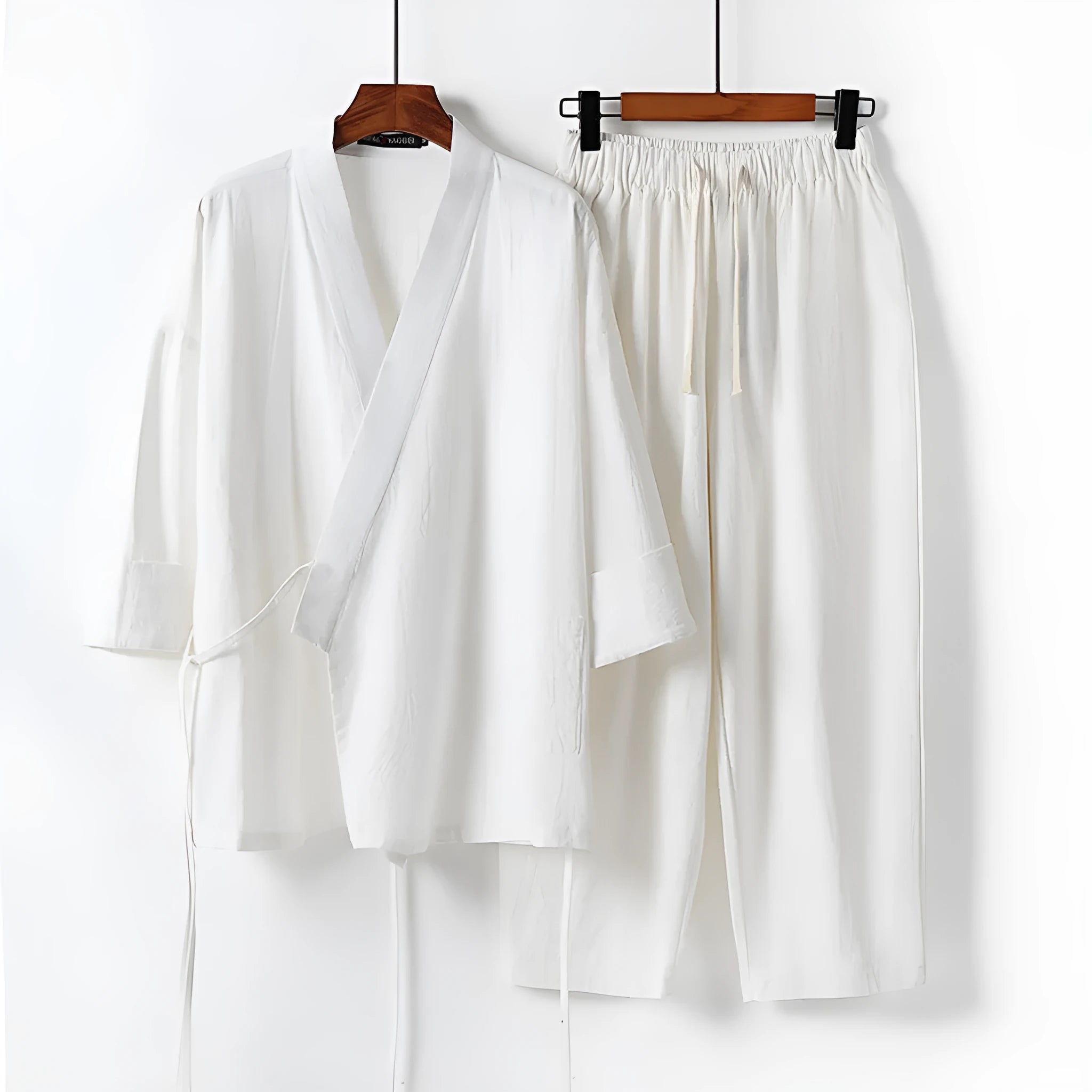Cardigan hanfu two-piece outfit in cotton linen fabric showing top and trousers