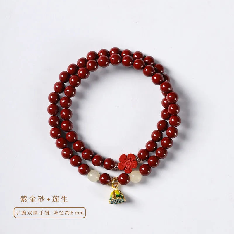 Purple gold cinnabar beads double circle women's bracelet with hand-woven texture and lotus detailing