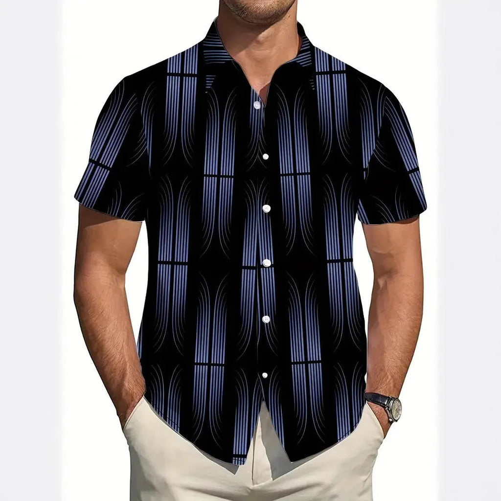 Men's slim fit short sleeve shirt with geometric line print design on the lapel.