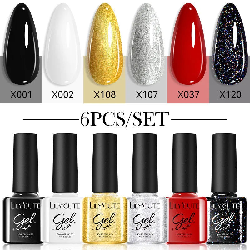 UV gel nail polish set showing 20 bottles in glitter, nude, and solid colours for waterproof manicures.