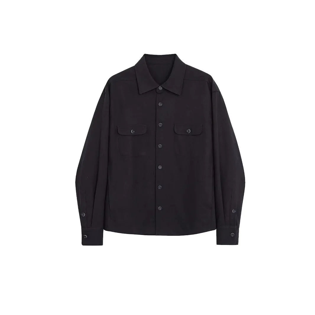 Men's long sleeve cotton shirt with a lapel collar in light sand rice colour.
