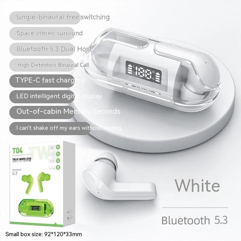 Transparent wireless Bluetooth headset and charging case with digital LED display