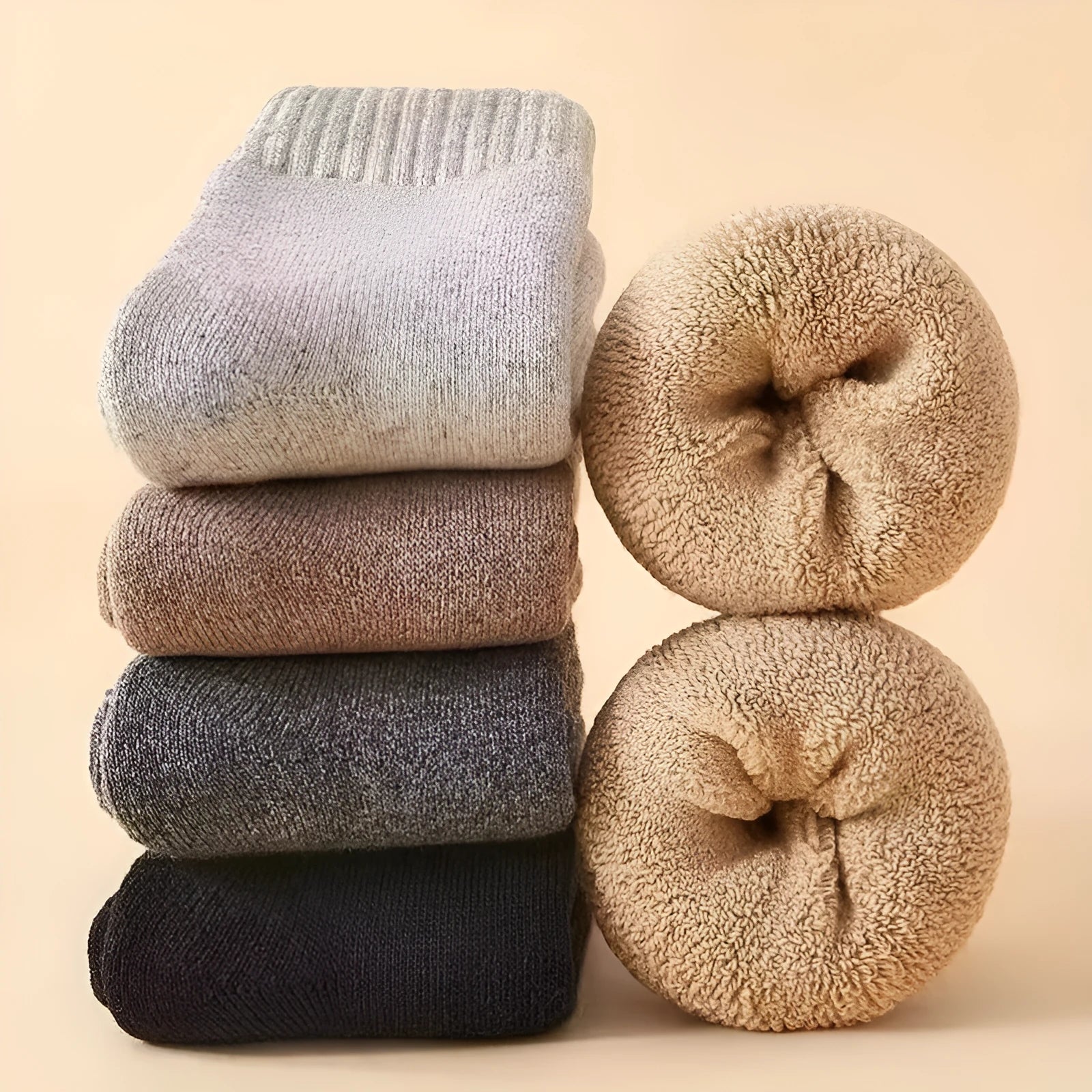 Two pairs of thick grey and black merino winter ankle socks with a thick midsole on a presentation box.
