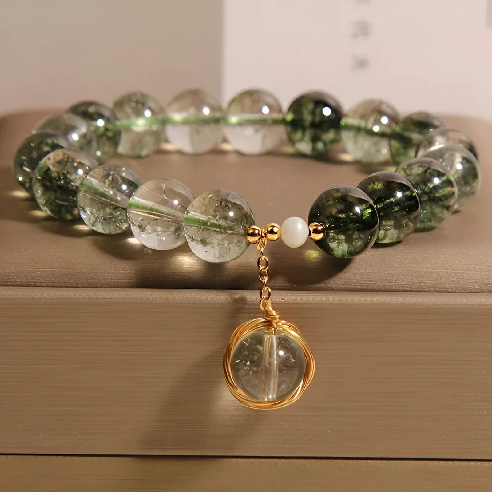 Green phantom quartz and chorite crystal bracelet for women with winding bead design