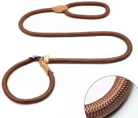 Brown nylon dog leash with P chain hand grip showing 2.1 metre length