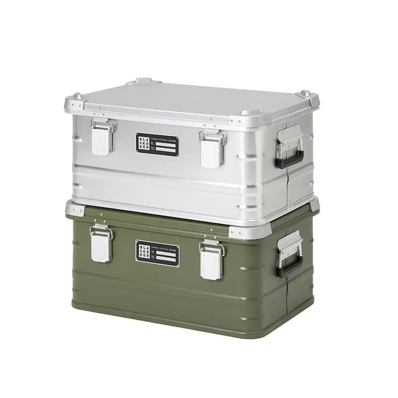 Field green aluminium expandable storage box for camping equipment measuring 58×38×28cm