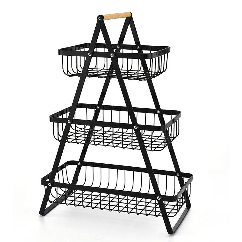 Black iron double-layer fruit basket with wooden handle, detachable storage rack for kitchen countertop