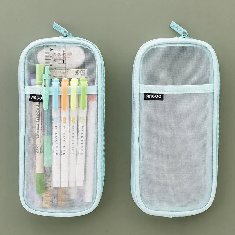 Transparent mesh stationery storage bag in square shape showing four colour options
