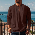 Solid colour cotton linen men's long sleeve button-up shirt in a loose pullover style.