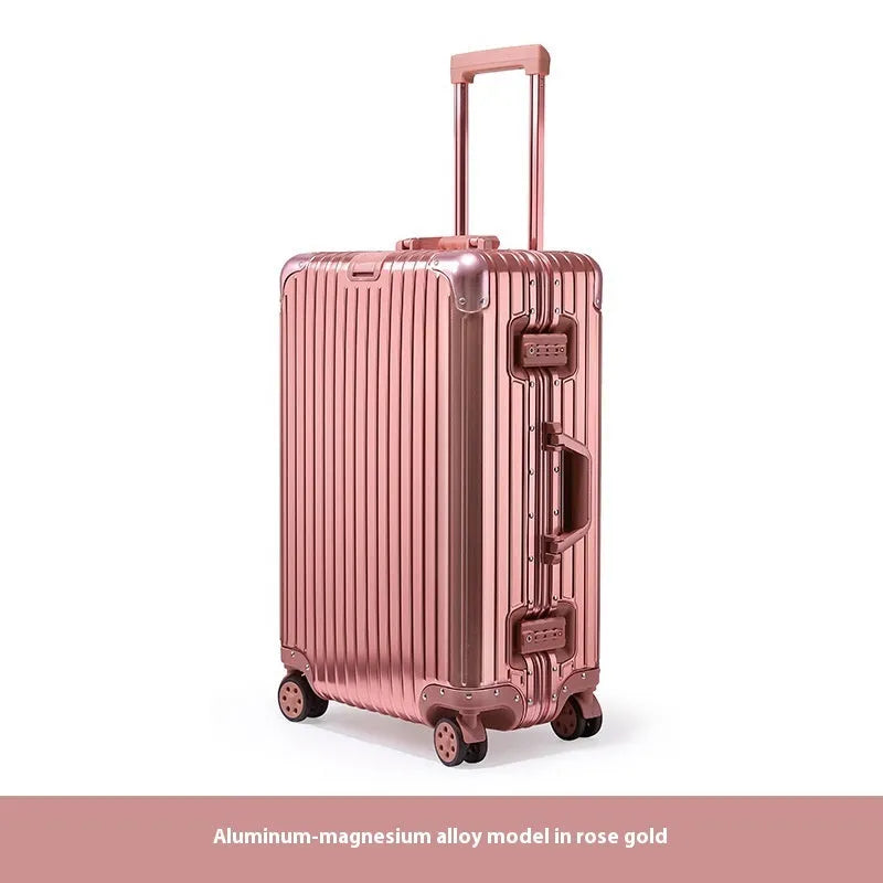 Alloy trolley case luggage with metal frame, universal wheels, solid colour, available in multiple sizes