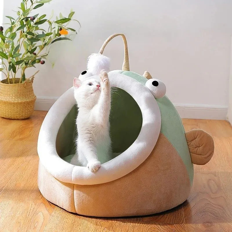 Semi-closed winter pet house in grey deerskin velvet showing lantern fish design with cat inside