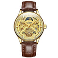 Gold and white leather strap men's automatic waterproof mechanical watch on wrist