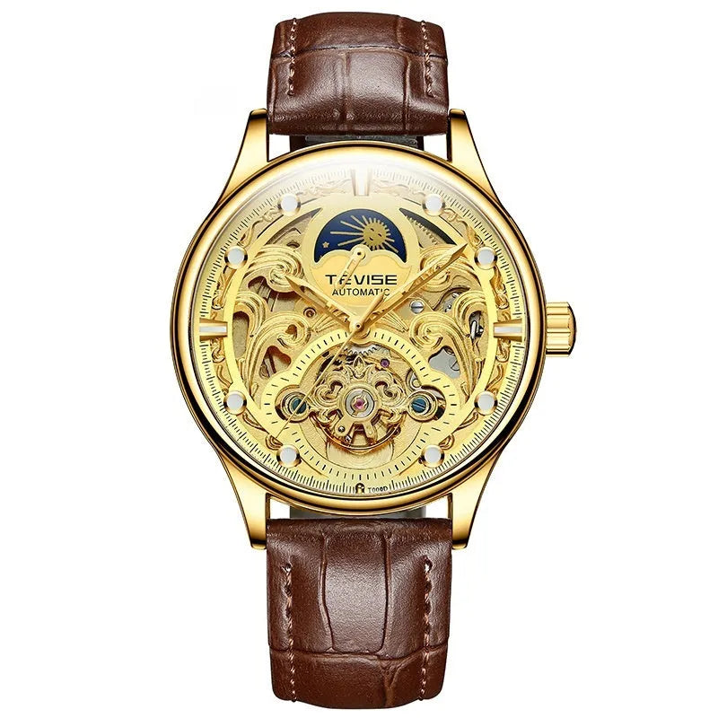 Gold and white leather strap men's automatic waterproof mechanical watch on wrist