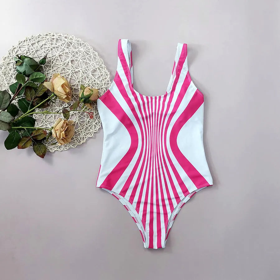 Pink and white striped one-piece swimsuit for women with digital printing on the front and back.