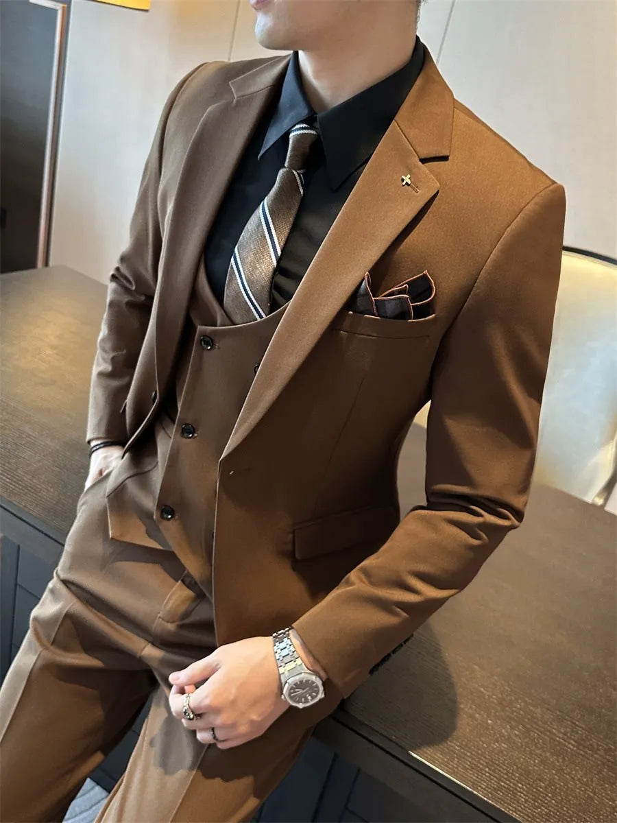 Men's slim fit business formal jacket in dark green, made from a chemical fiber blended fabric.