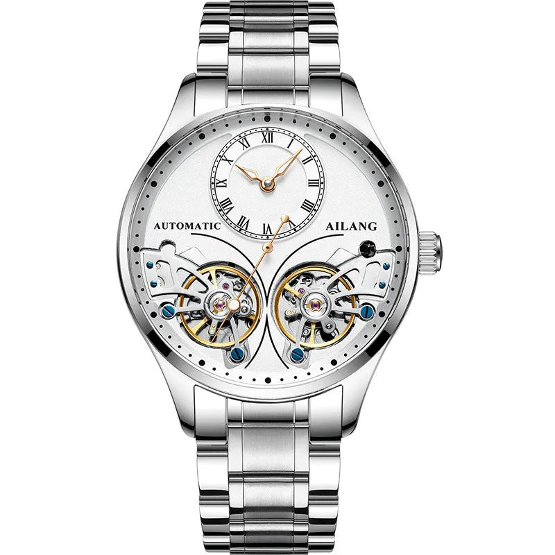 Automatic men's watch with tourbillon and moon phase on a round black dial in a titanium case.