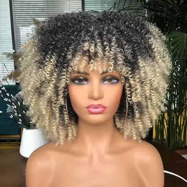 African small curly afro wig headgear in high temperature silk bangs type colour 1B