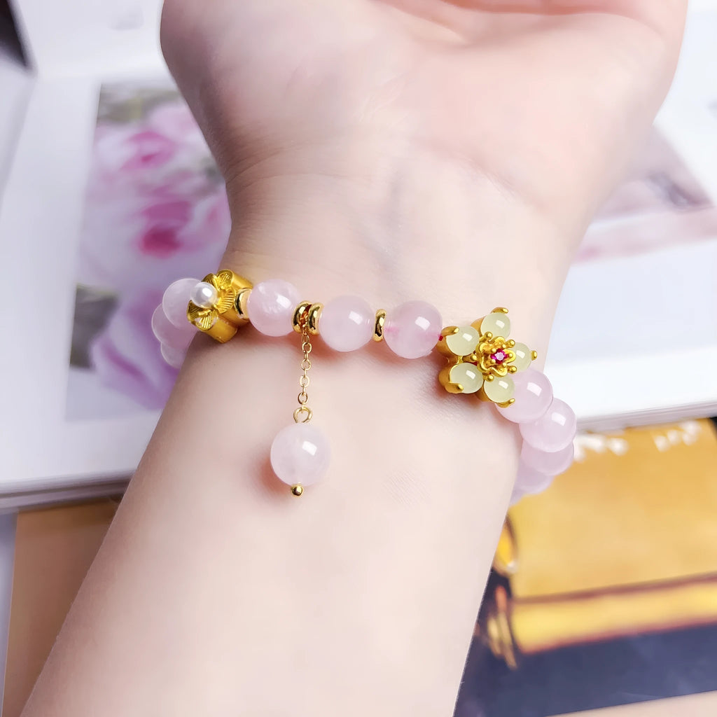 NAFU pink crystal peach blossom bracelet for women, handmade Chinese-style jewellery