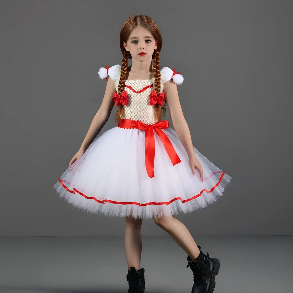 Children's Halloween Costume Dress Ghost Doll White Cosplay Skirt Princess Dress with Bow Hair Clips for Girls Ages 2-12 Years Nylon and Polyester Fabric Sizes S to XXL Solid Colour European and American Style