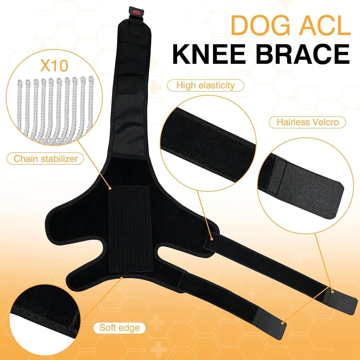 Dog leg protector knee brace with adjustable auxiliary belt on a medium-sized dog's hind leg for joint support