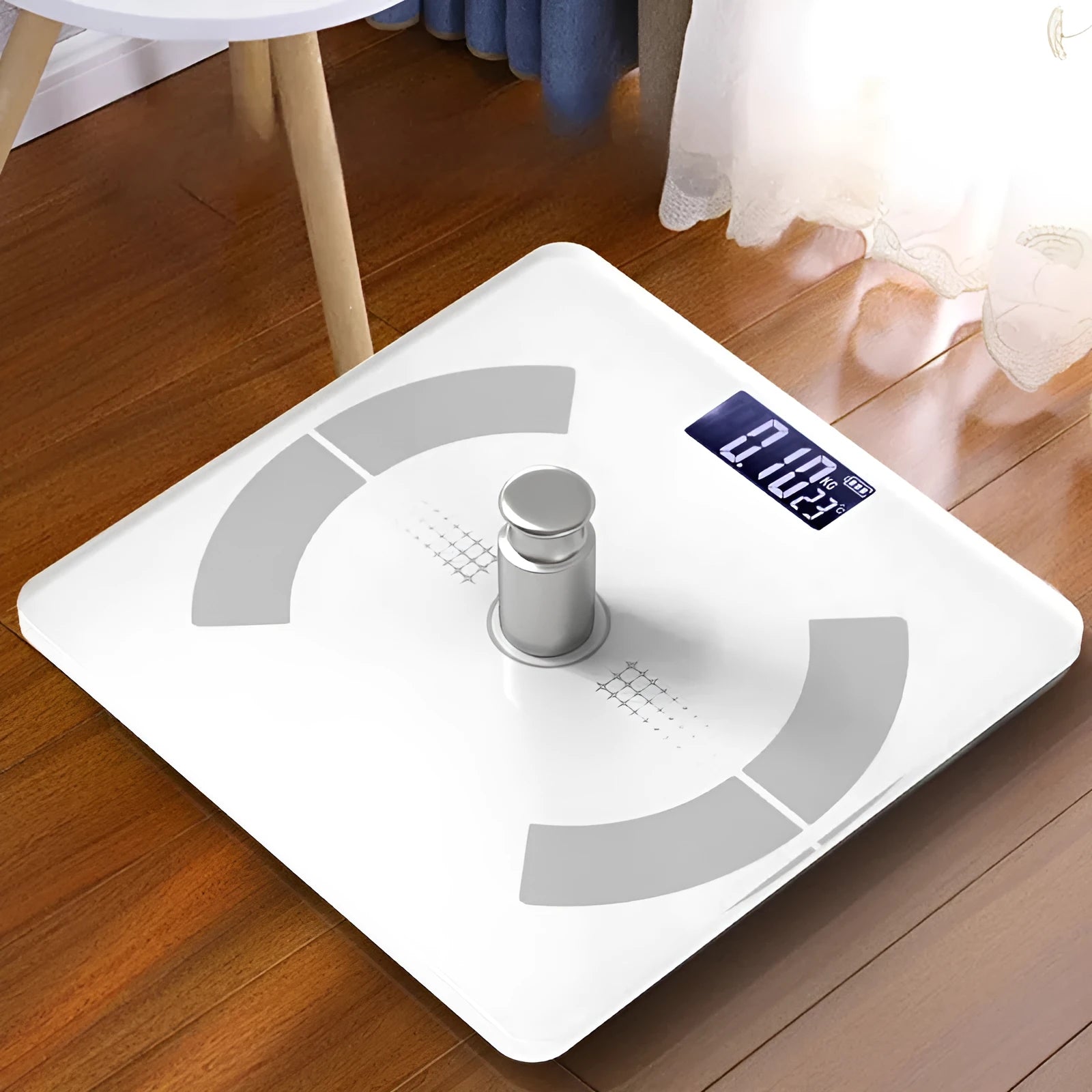 Smart Bluetooth body fat scale in white, black or pink colours with display showing body composition metrics