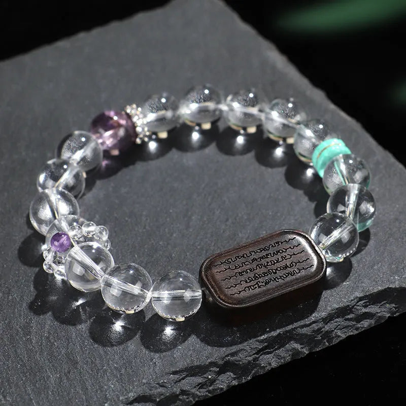 Handcrafted white crystal ebony five warp bracelet with ethnic design on blackwood