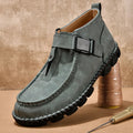 Men's black handmade stitching casual slip on shoes with flat rubber sole.