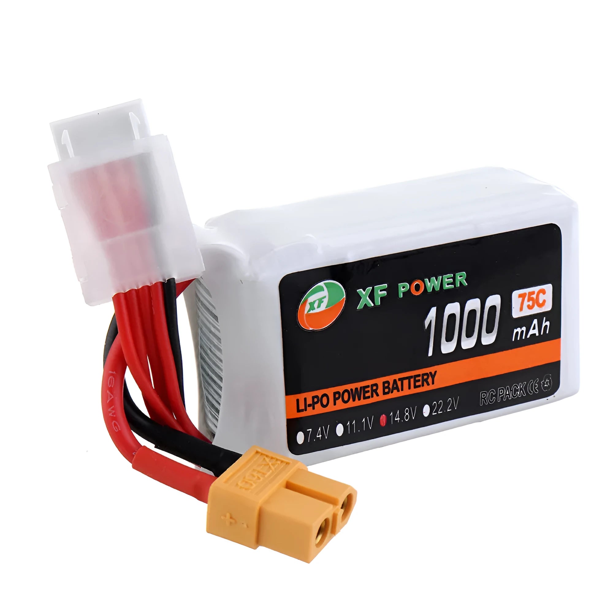 XF Power 14.8V 1000mAh 75C 4S graphene lithium drone battery with black XT60 plug.