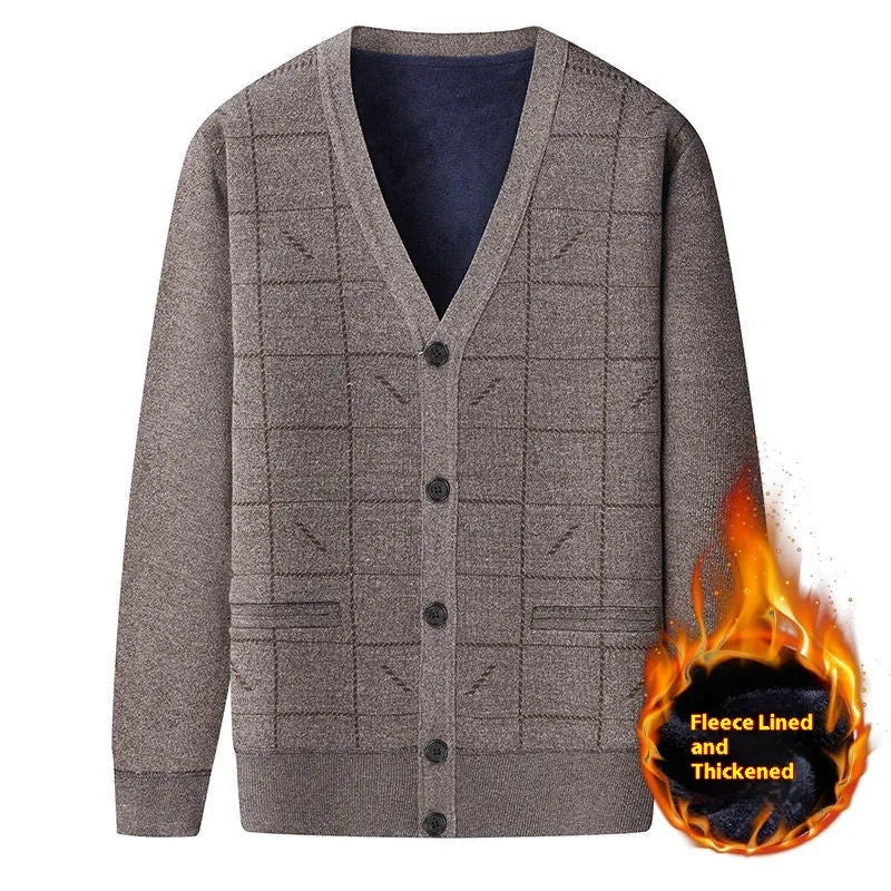 Dark grey men's batwing sleeve cardigan sweater with velvet lining, shown on a hanger.
