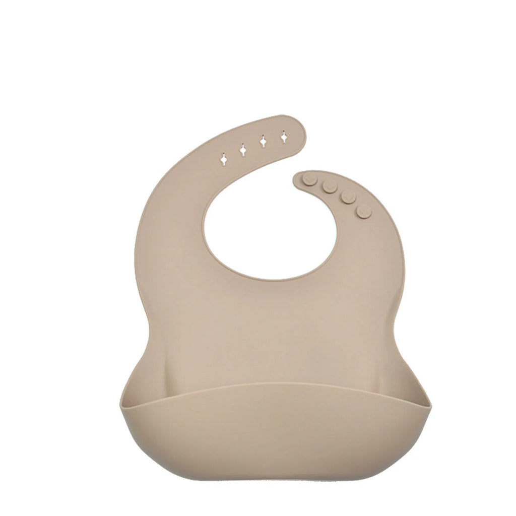 Soft silicone baby bib with deep spill pocket in classic colour, adjustable neck strap, waterproof feeding essential
