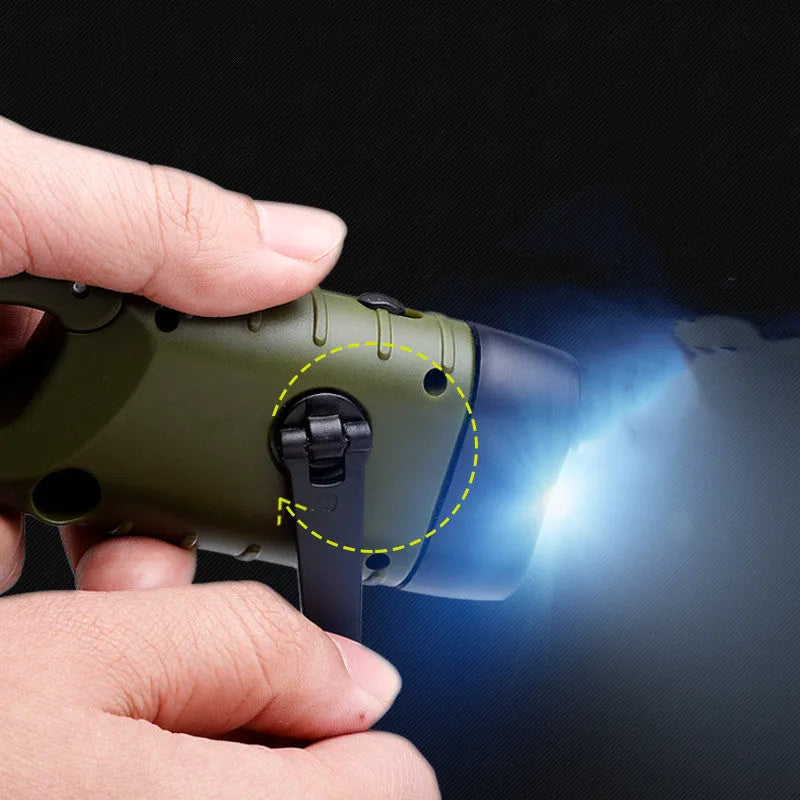 Outdoor hand-cranked solar USB charging emergency LED flashlight in olive green with 12x45x32mm dimensions
